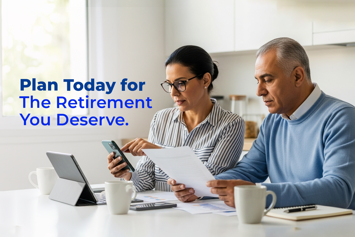 an old man and woman setting while holding a paper and mobile phone and on the table a laptop from smart steps for stress free retirement planning