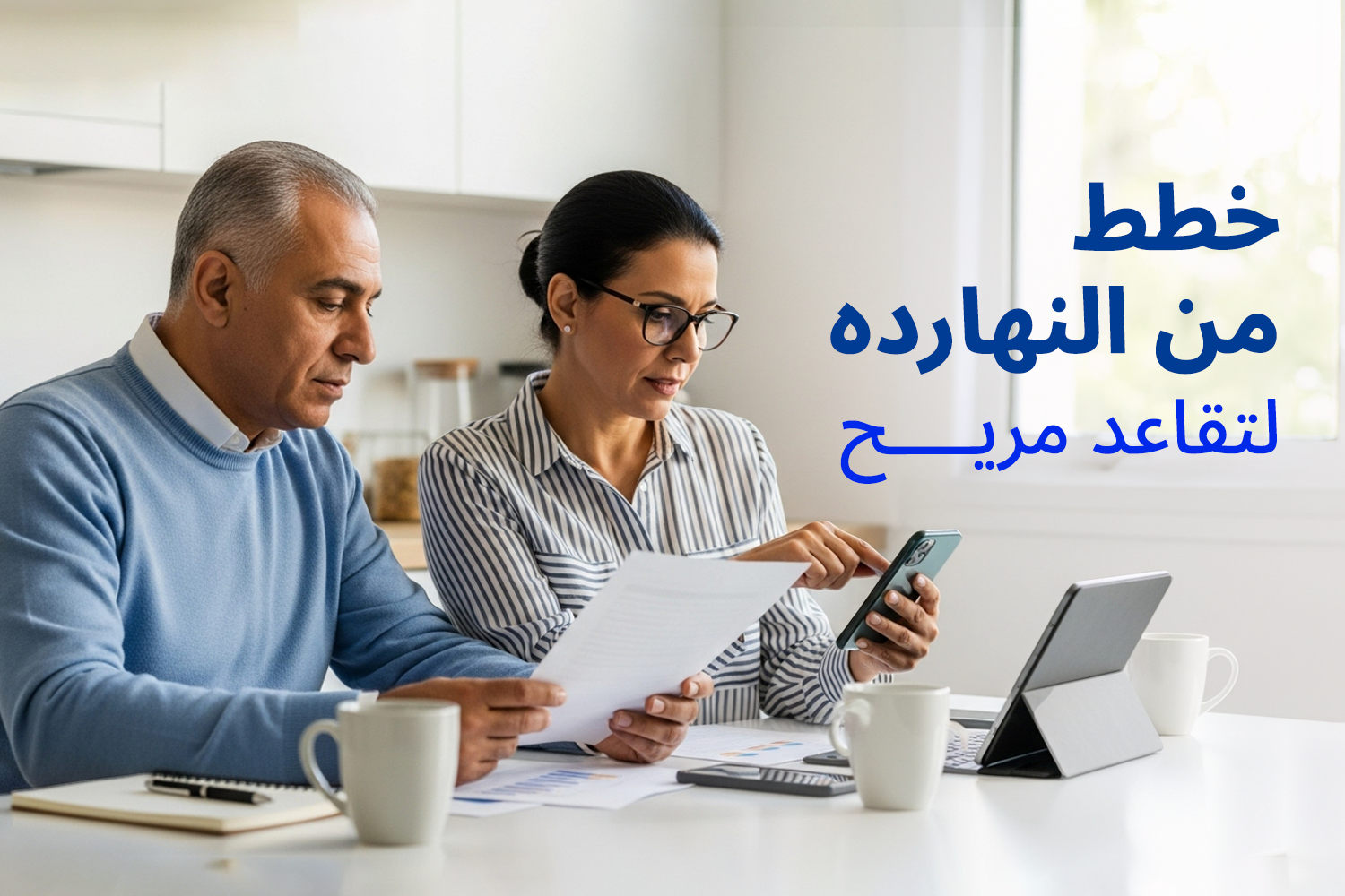راجل وست قاعدين جنب بعض وماسكين في إيديهم ورق وموبايل وعلى الترابيزة لابتوب وقهوة من مقال 6 خطوات للتخطيط للمعاش بذكاء