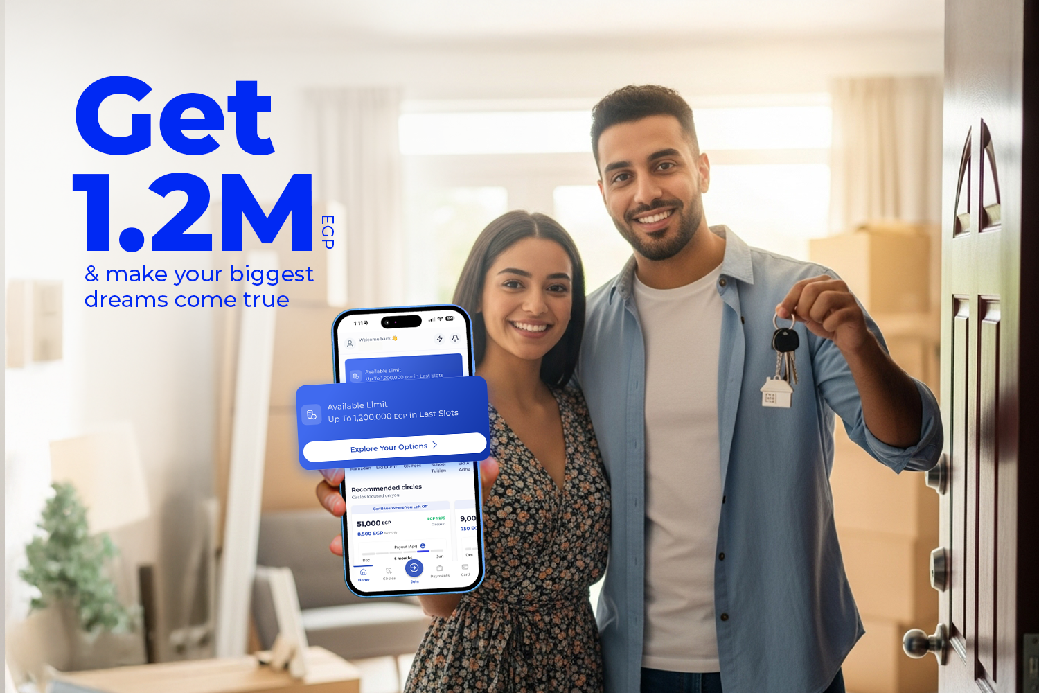 a married couple standing in a new apartment entrance with its keys in the man's hand while the woman holding a mobile with money fellows app on its screen and "available limit up to EGP 1.2 million"