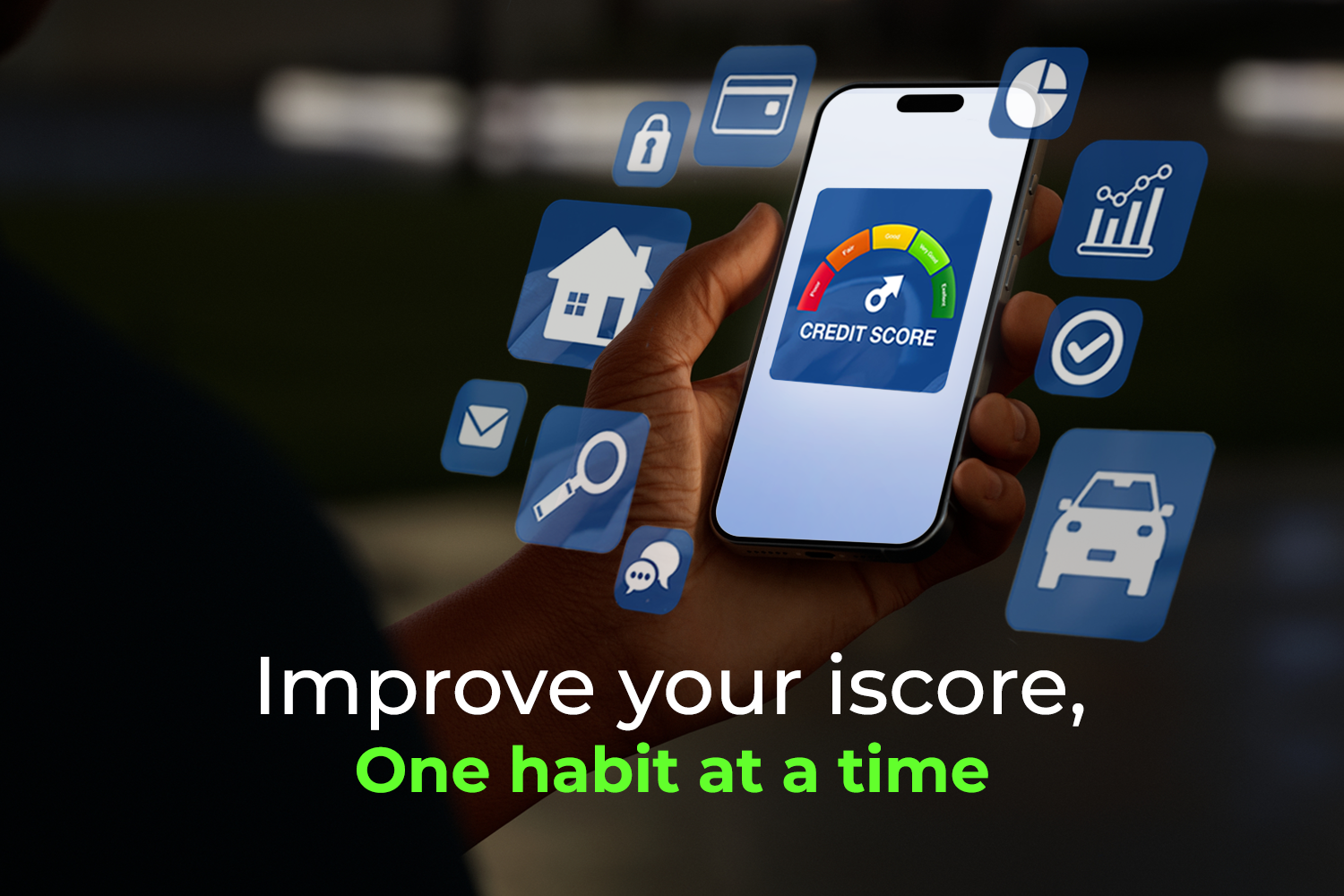 a hand holding a mobile with I-Score/credit score logo on its screen and surrounding with icons for a home, a car, etc. from 7 Smart Habits to Improve Your I-Score Step by Step on money fellows blog