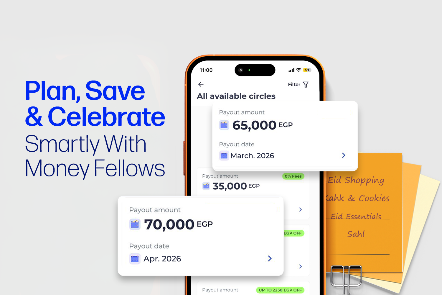 Mobile with money fellows app on its screen with all available circles from A Smart Guide to Managing Eid Expenses article