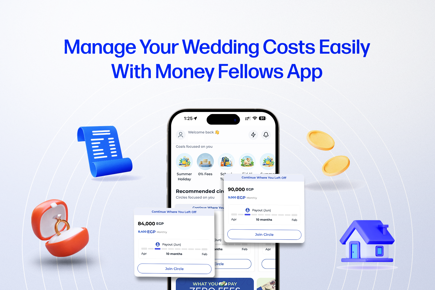 a mobile with Money Fellows App on its screen surrounded by victor wedding ring, home, and coins with "Manage your wedding costs easily" text above them