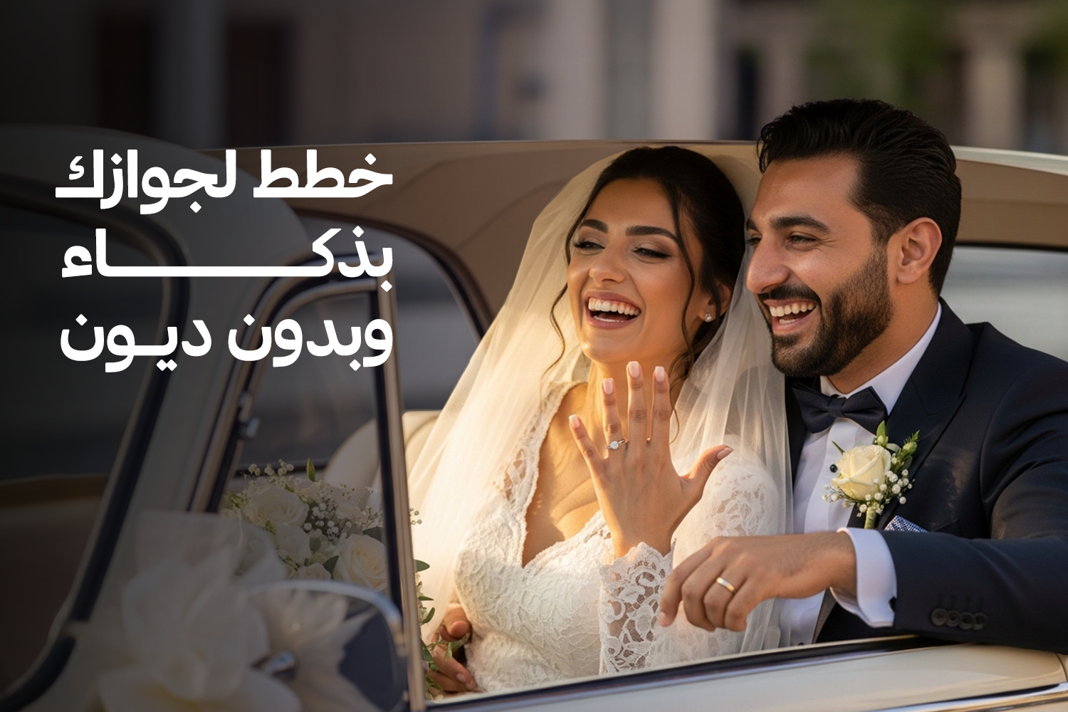 عريس وعروسة يوم الفرح في العربية ومبسوطين من مقال "تكلفة الجواز في مصر: خطة ذكية لتجهيز بيتك بدون ديون" من ماني فيللوز